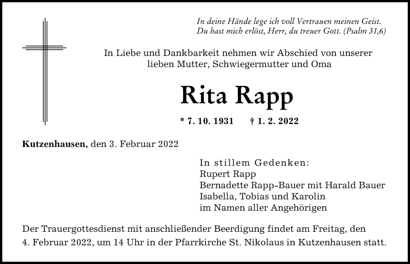 Traueranzeige von Rita Rapp von Augsburger Allgemeine