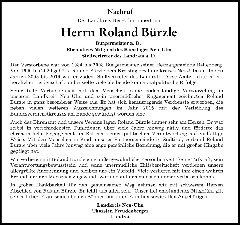 Traueranzeige von Roland Bürzle von Illertisser Zeitung, Neu-Ulmer Zeitung