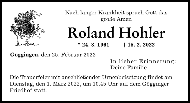  Traueranzeige für Roland Hohler vom 25.02.2022 aus Augsburger Allgemeine