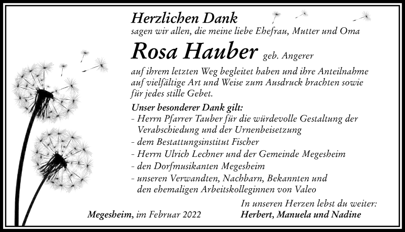 Traueranzeige von Rosa Hauber von Rieser Nachrichten