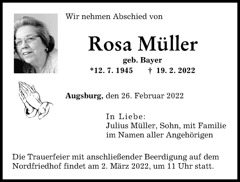 Traueranzeige von Rosa Müller von Augsburger Allgemeine