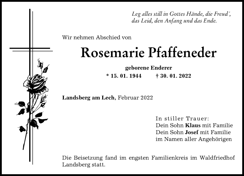 Traueranzeige von Rosemarie Pfaffeneder von Landsberger Tagblatt