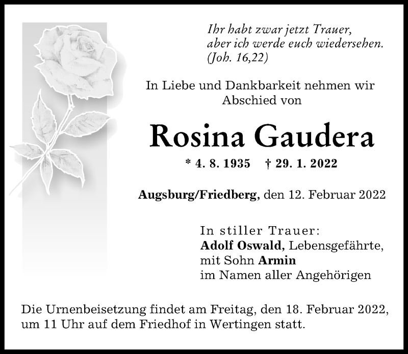 Traueranzeige von Rosina Gaudera von Wertinger Zeitung, Augsburger Allgemeine