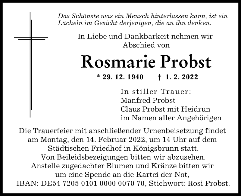 Traueranzeige von Rosmarie Probst von Augsburger Allgemeine