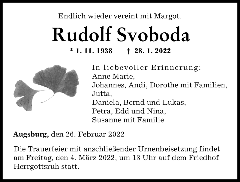  Traueranzeige für Rudolf Svoboda vom 26.02.2022 aus Augsburger Allgemeine