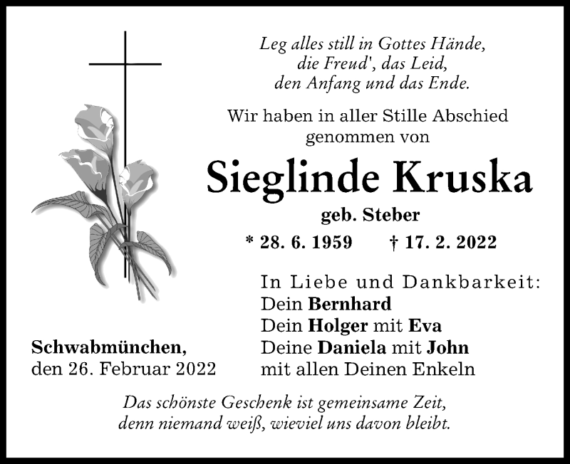 Traueranzeige von Sieglinde Kruska von Schwabmünchner Allgemeine