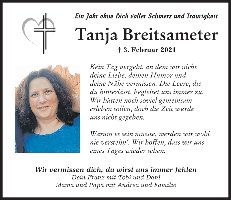 Traueranzeige von Tanja Breitsameter von Friedberger Allgemeine