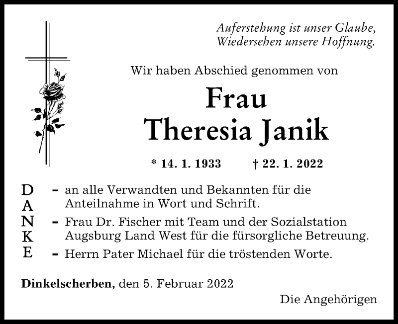 Traueranzeigen Von Theresia Janik Augsburger Allgemeine Zeitung