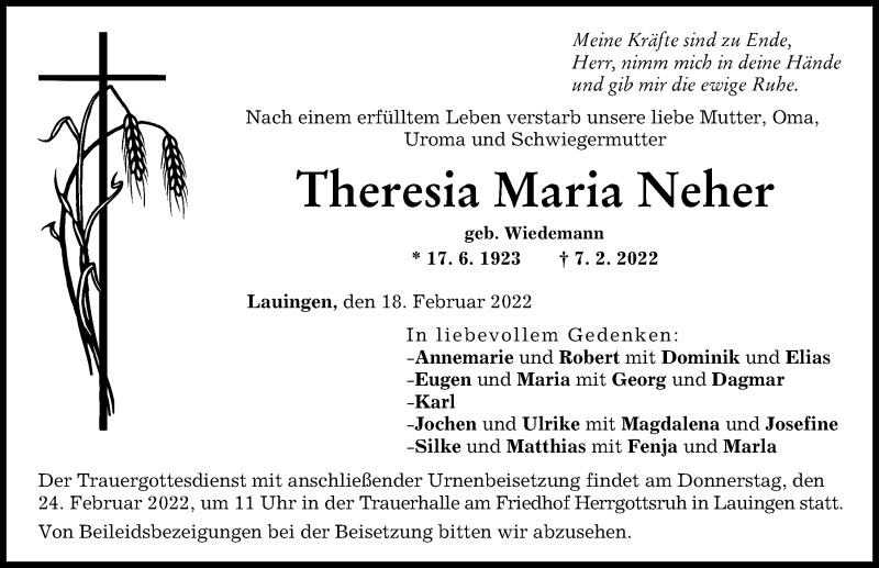 Traueranzeigen Von Theresia Maria Neher Augsburger Allgemeine Zeitung