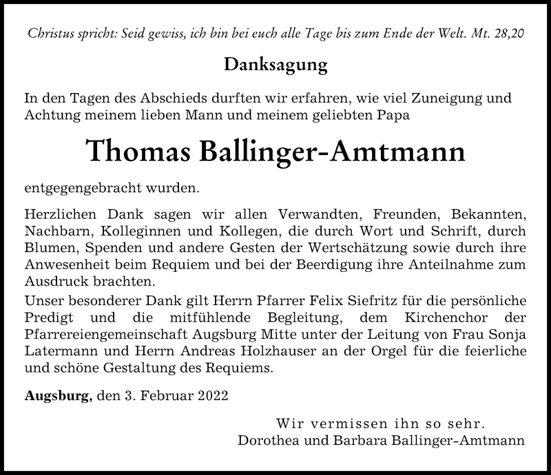 Traueranzeige von Thomas Ballfinger-Amtmann von Augsburger Allgemeine