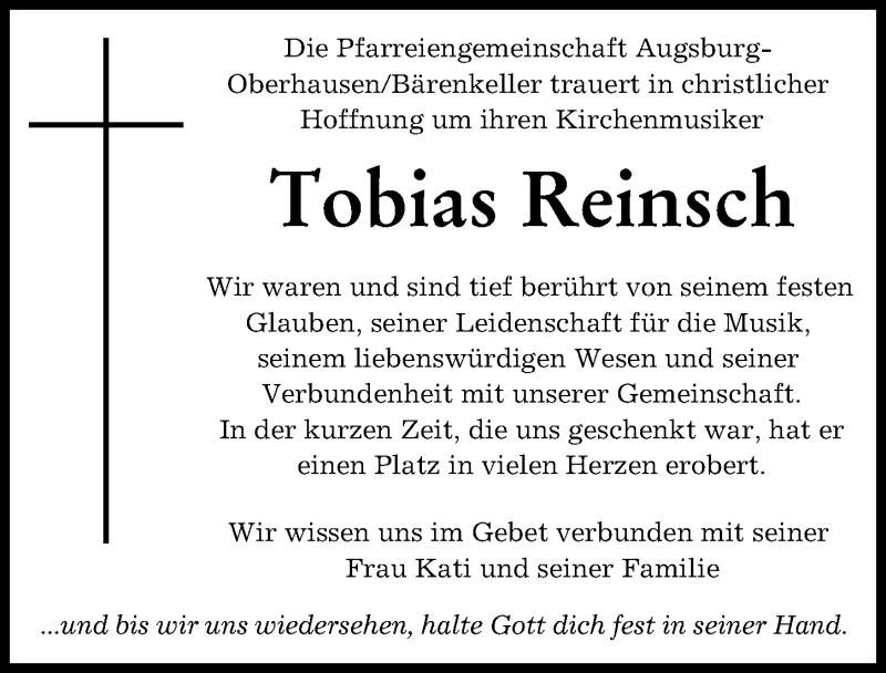 Traueranzeige von Tobias Reinsch von Augsburger Allgemeine