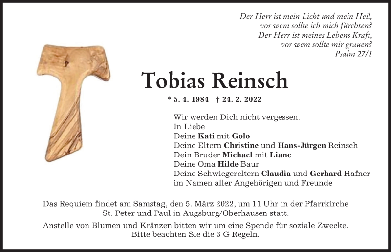 Traueranzeige von Tobias Reinsch von Augsburg-Land, Augsburger Allgemeine