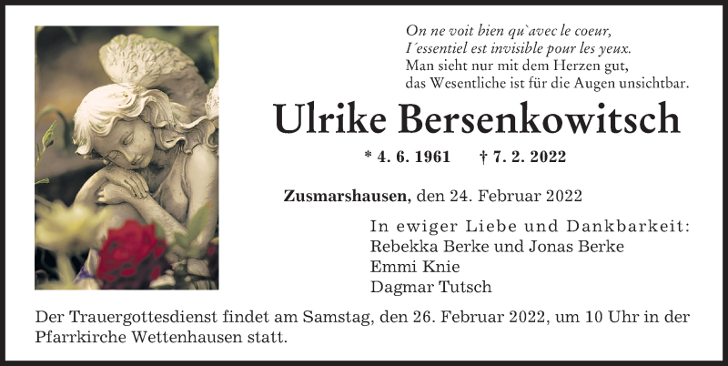 Traueranzeige von Ulrike Bersenkowitsch von Günzburger Zeitung, Augsburger Allgemeine