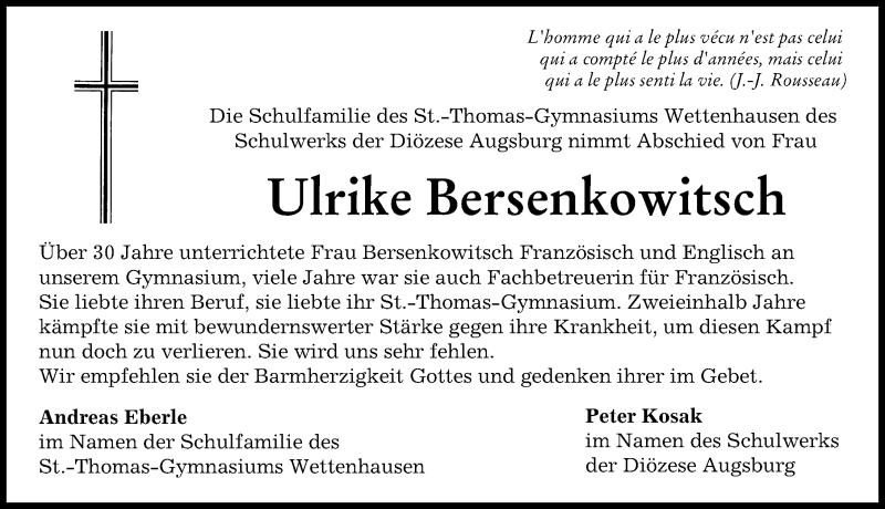 Traueranzeige von Ulrike Bersenkowitsch von Mittelschwäbische Nachrichten, Augsburg-Land, Günzburger Zeitung