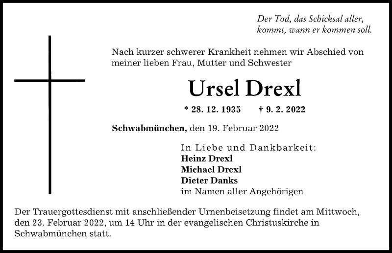 Traueranzeige von Ursel Drexl von Schwabmünchner Allgemeine