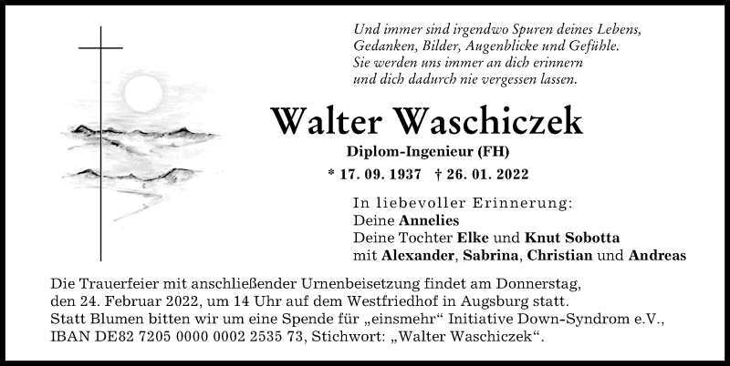 Traueranzeige von Walter Waschiczek von Augsburger Allgemeine