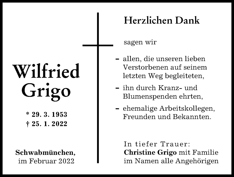 Traueranzeige von Wilfried Grigo von Schwabmünchner Allgemeine