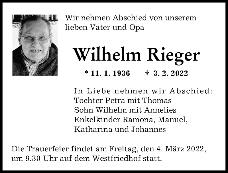 Traueranzeige von Wilhelm Rieger von Augsburger Allgemeine