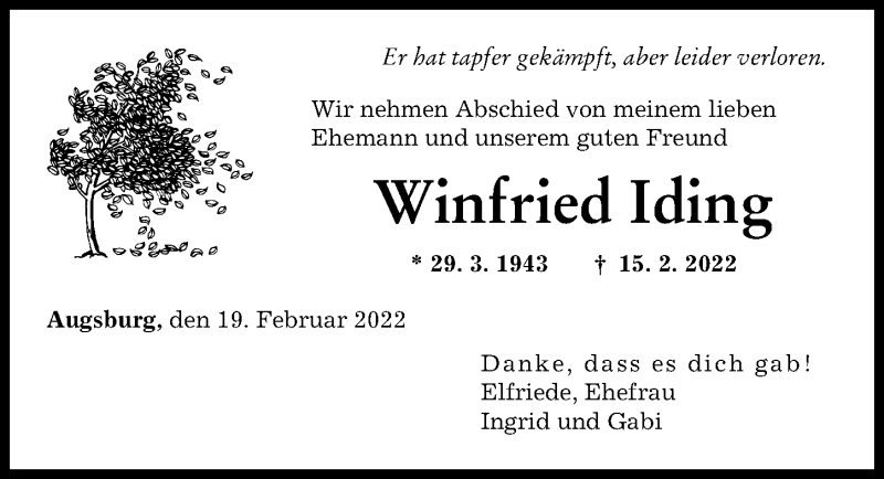  Traueranzeige für Winfried Iding vom 19.02.2022 aus Augsburger Allgemeine