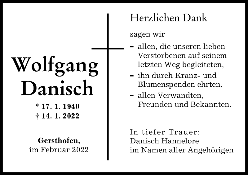  Traueranzeige für Wolfgang Danisch vom 12.02.2022 aus Augsburger Allgemeine