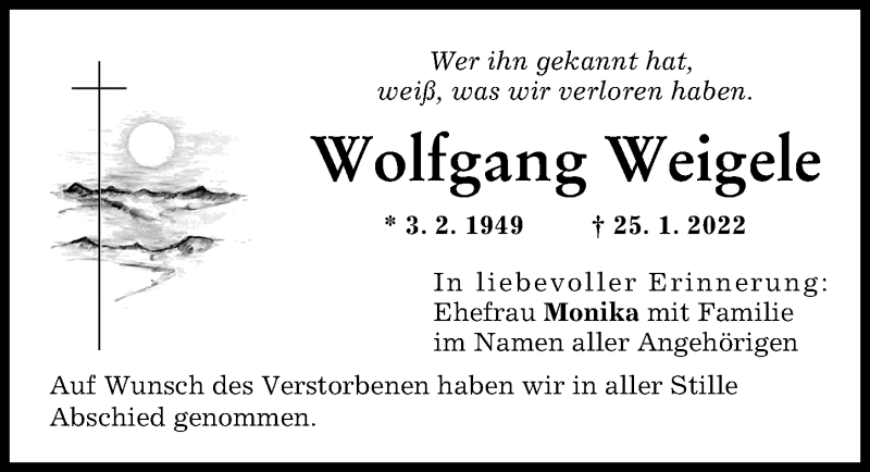  Traueranzeige für Wolfgang Weigele vom 12.02.2022 aus Schwabmünchner Allgemeine