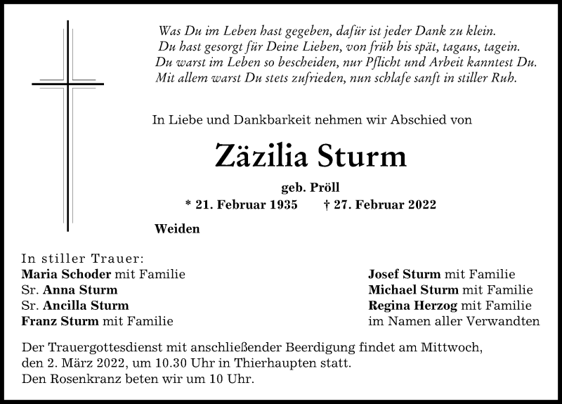 Traueranzeige von Zäzilia Sturm von Augsburg-Land