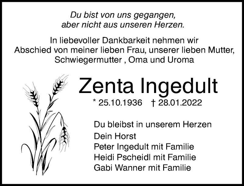  Traueranzeige für Zenta Ingedult vom 05.02.2022 aus Augsburger Allgemeine, Neu-Ulmer Zeitung