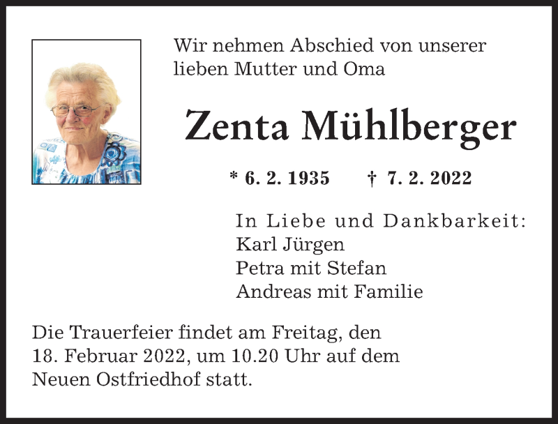 Traueranzeige von Zenta Mühlberger von Augsburger Allgemeine