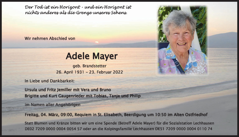  Traueranzeige für Adele Mayer vom 02.03.2022 aus Augsburger Allgemeine