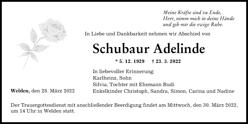 Traueranzeige von Adelinde Schubaur von Augsburger Allgemeine