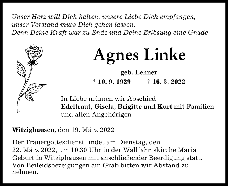 Traueranzeige von Agnes Linke von Neu-Ulmer Zeitung