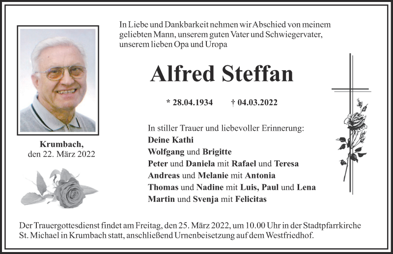 Traueranzeige von Alfred Steffan von Mittelschwäbische Nachrichten
