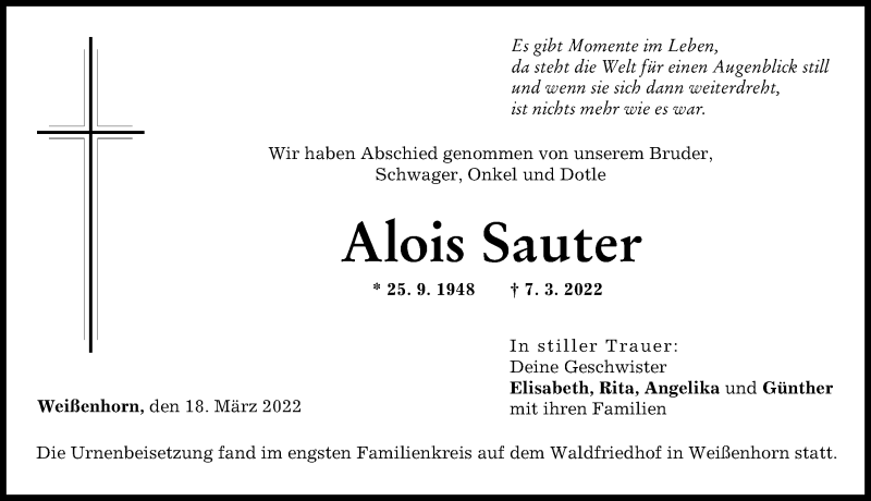 Traueranzeige von Alois Sauter von Neu-Ulmer Zeitung