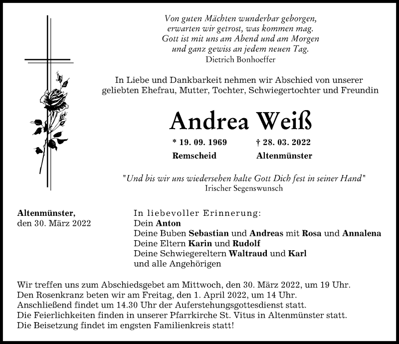 Traueranzeige von Andrea Weiß von Wertinger Zeitung, Günzburger Zeitung, Augsburg-Land
