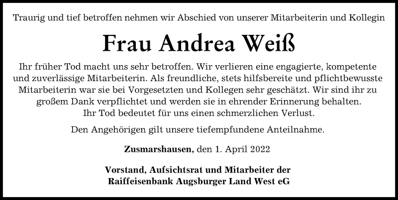 Traueranzeige von Andrea Weiß von Augsburg-Land