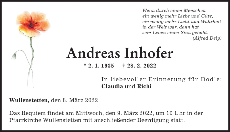 Traueranzeige von Andreas Inhofer von Neu-Ulmer Zeitung