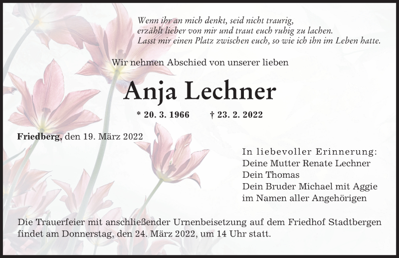  Traueranzeige für Anja Lechner vom 19.03.2022 aus Augsburger Allgemeine