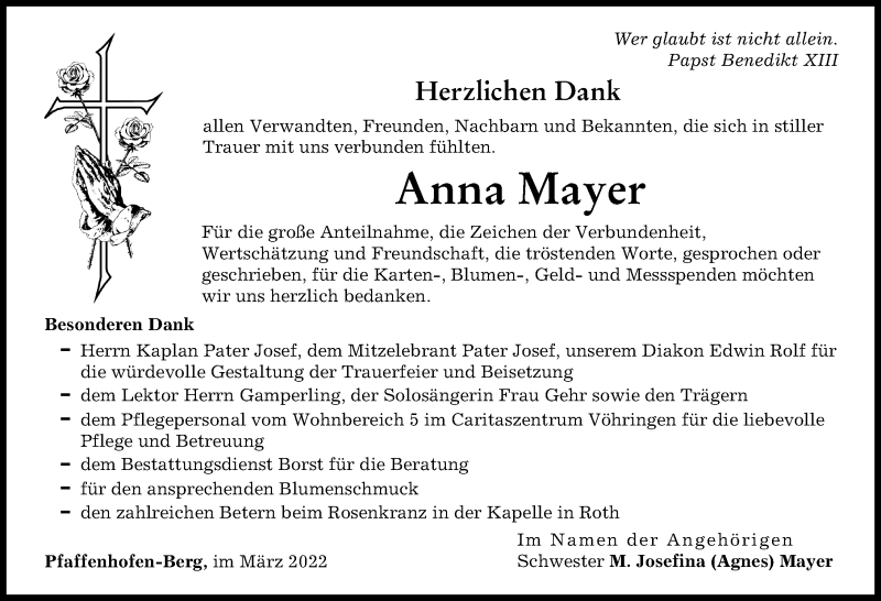 Traueranzeige von Anna Mayer von Neu-Ulmer Zeitung