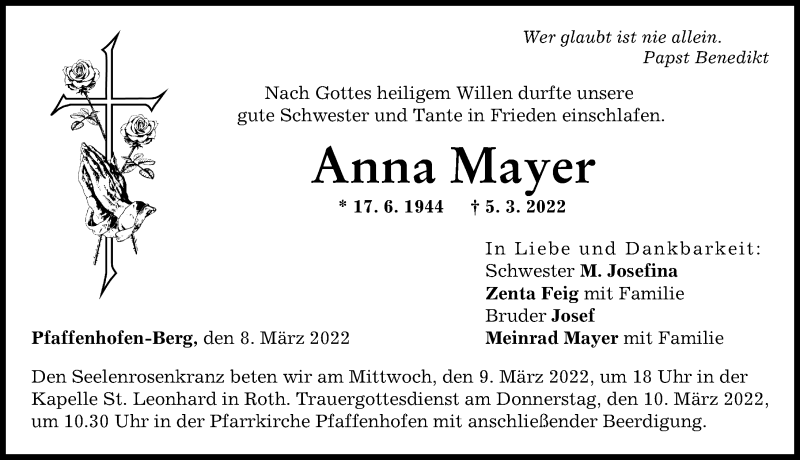 Traueranzeige von Anna Mayer von Neu-Ulmer Zeitung