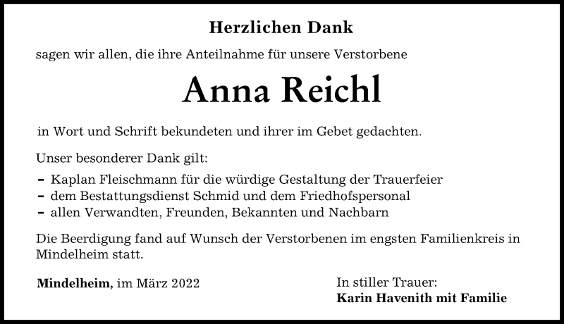 Traueranzeige von Anna Reichl von Mindelheimer Zeitung