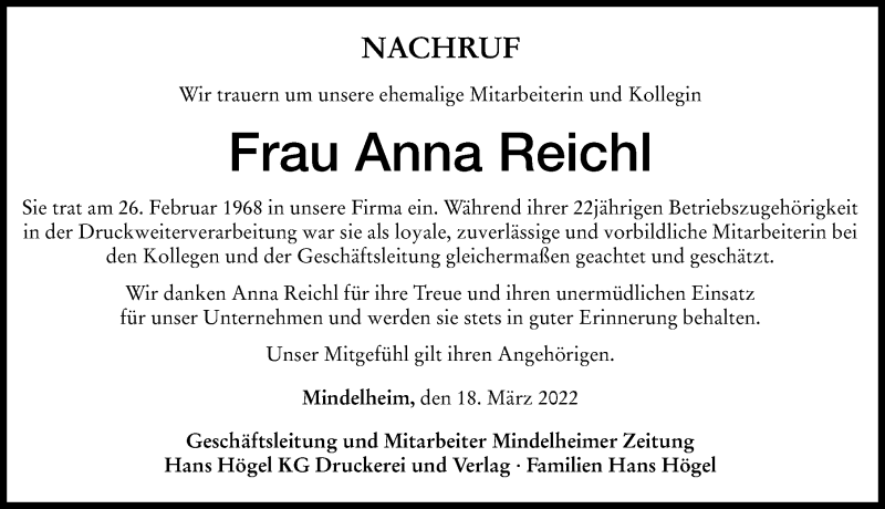 Traueranzeige von Anna Reichl von Mindelheimer Zeitung