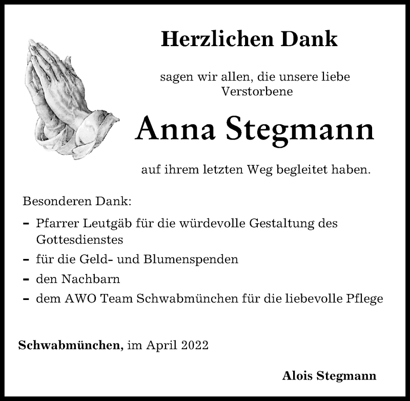 Traueranzeige von Anna Stegmann von Schwabmünchner Allgemeine