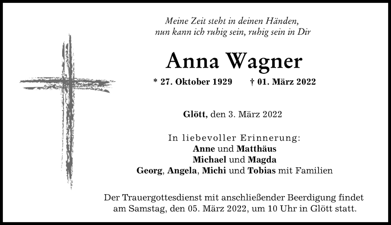 Traueranzeige von Anna Wagner von Donau Zeitung