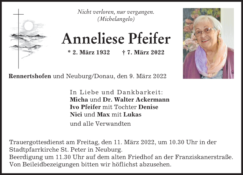 Traueranzeige für Anneliese Pfeifer vom 09.03.2022 aus Neuburger Rundschau