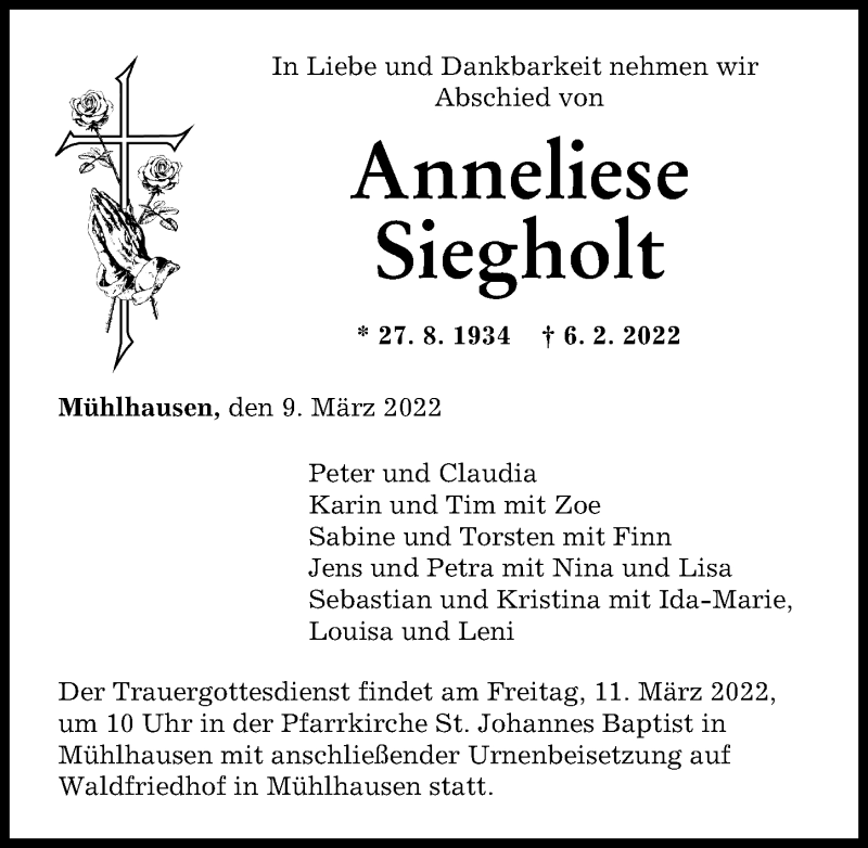 Traueranzeige von Anneliese Siegholt von Augsburger Allgemeine