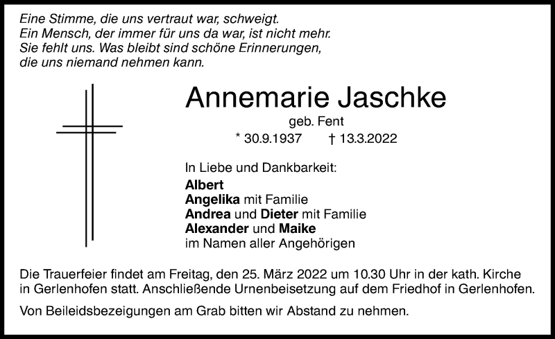 Traueranzeige von Annemarie Jaschke von Augsburger Allgemeine, Neu-Ulmer Zeitung