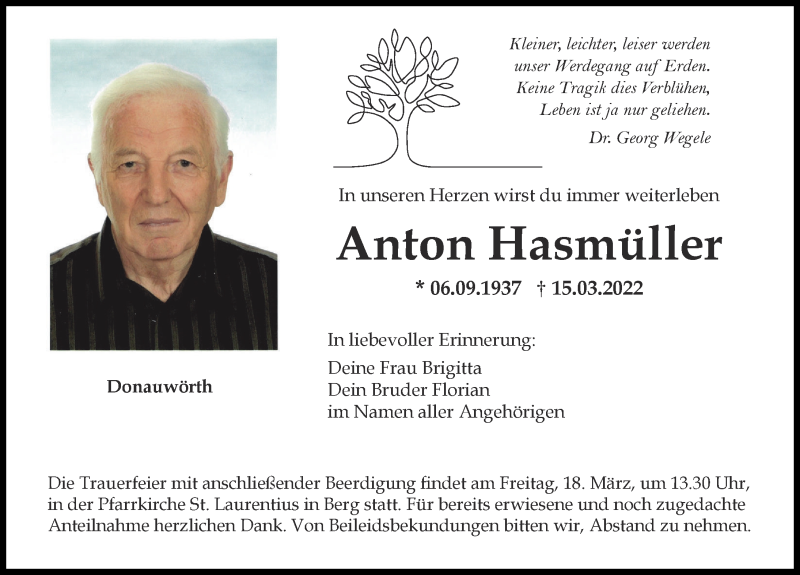 Traueranzeige von Anton Hasmüller von Donauwörther Zeitung