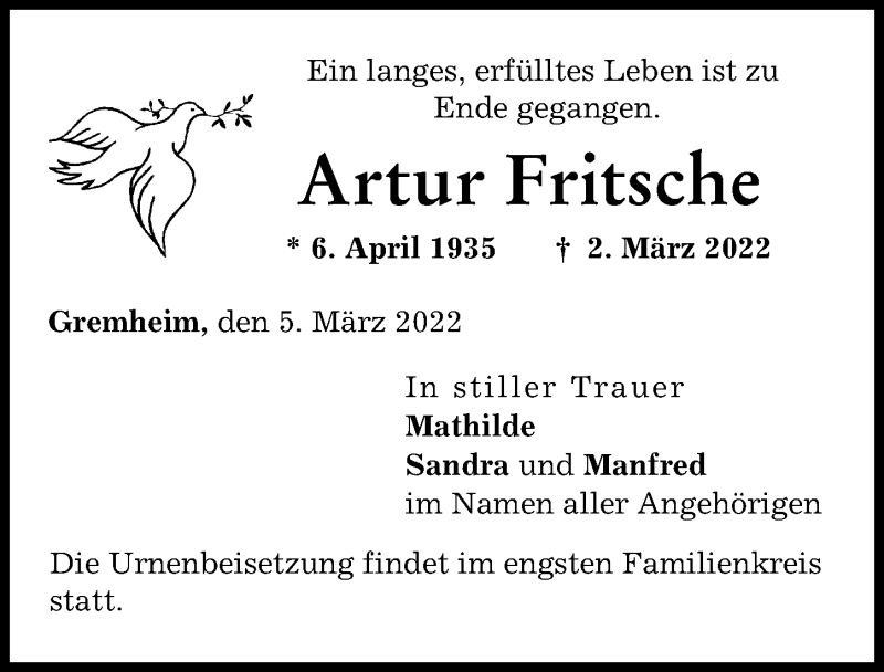  Traueranzeige für Artur Fritsche vom 05.03.2022 aus Donau Zeitung