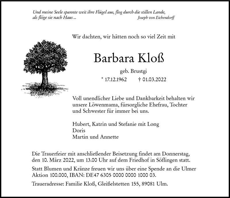 Traueranzeige von Barbara Kloß von Augsburger Allgemeine, Neu-Ulmer Zeitung