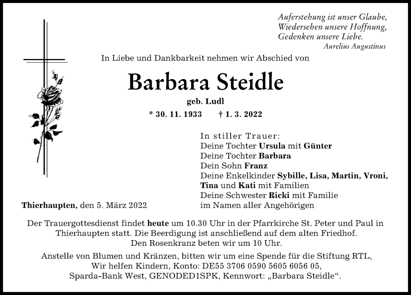 Traueranzeige von Barbara Steidle von Augsburg-Land